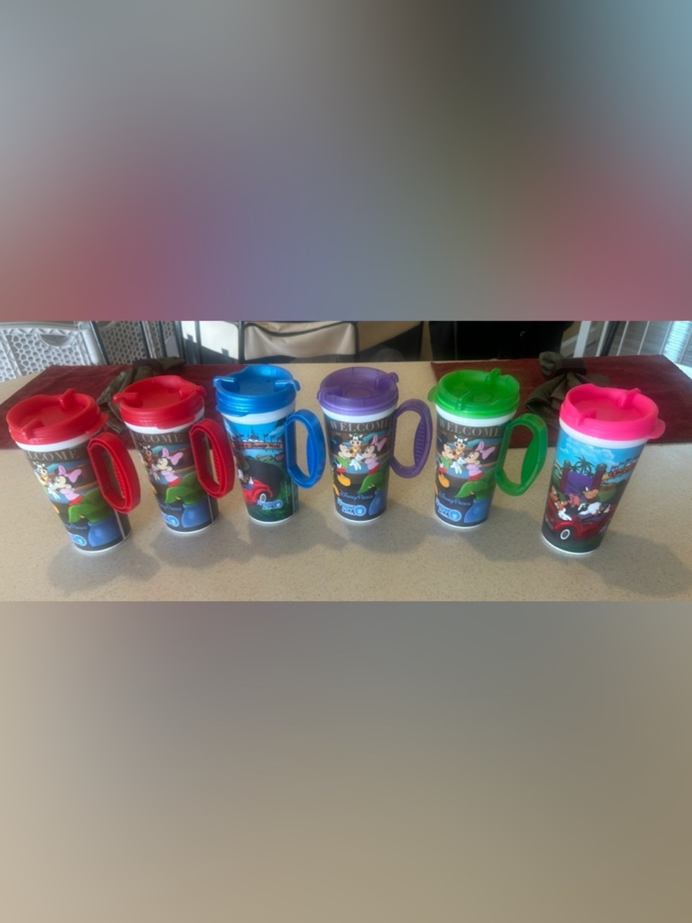 Disney Travel Cups with Red, Blue, Purple, Green & Pink Lids